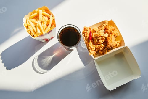 Preview: top view of tasty deep fried chicken, french fries and soda in glass on white table in sunlight