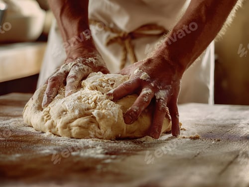 Preview: A man is kneading dough on a wooden table