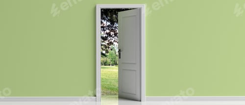 Preview: Open door on green pastel wall background, Park view out of the door opening, 3d illustration