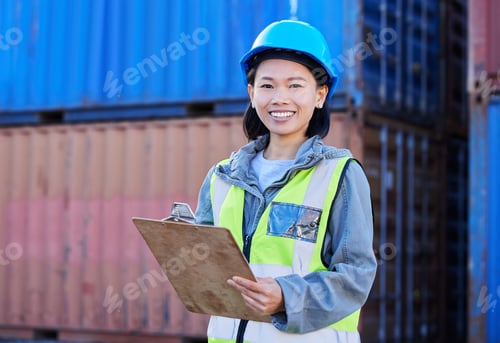 Preview: Logistics, cargo and a woman with inventory checklist on clipboard. Container yard, supply chain an