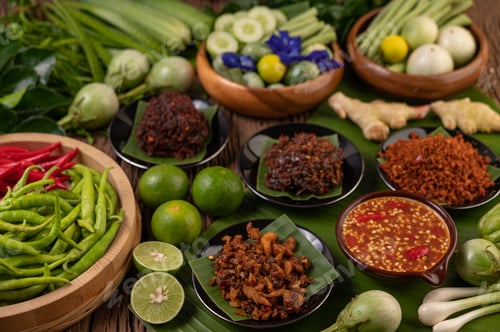 Preview: Different types of chili sauce in a cup with ingredients to make