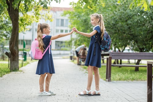 Preview: Two happy children met near school with backpacks. Concept of back to school, learning, friendship