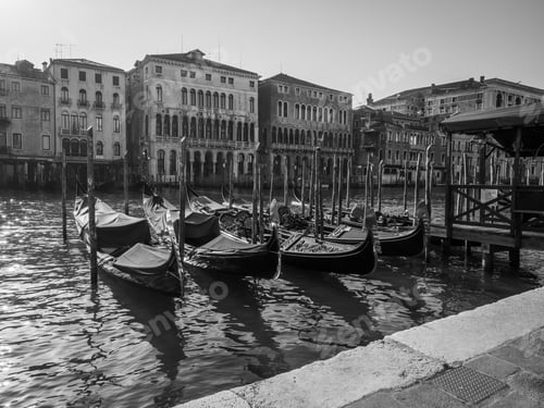 Preview: Black and white photo of gondolas moored in the Grand canal in Venice, Italy.