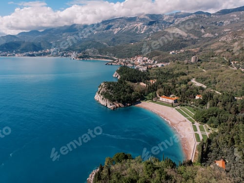 Preview: Royal beach on the shore of the Bay of Kotor near Villa Milocer. Montenegro. Drone