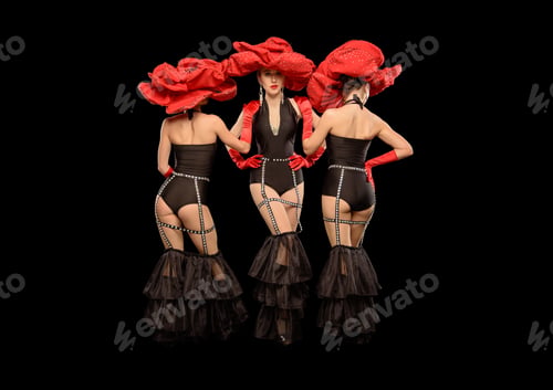 Preview: Three beautiful cabaret dancers in red hats isolated on black
