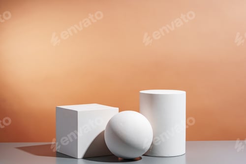 Preview: White geometric shapes arranged stylishly on a soft peach background in a minimalist setting