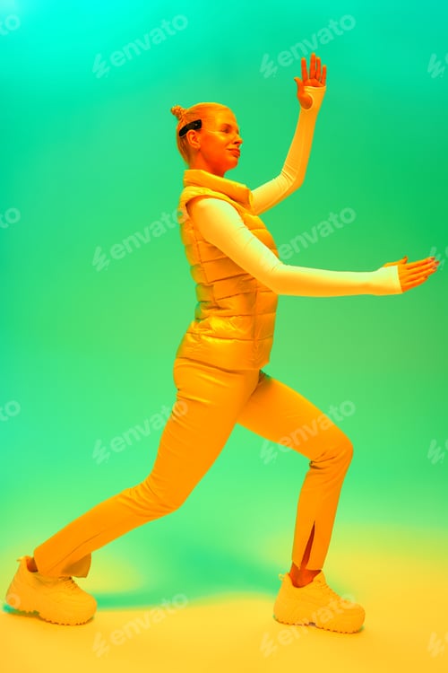 Preview: Woman in futuristic costume. Female in modern smart glasses interacting with network while having