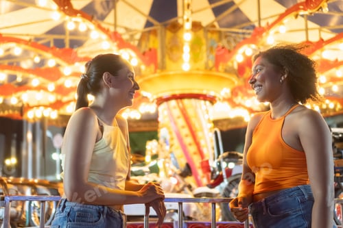 Visualização: Duas jovens conversando e sorrindo no carrossel do parque de diversões à noite