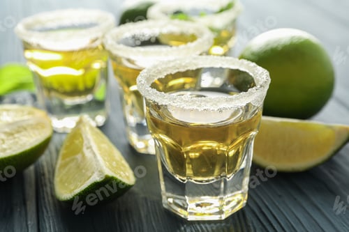 Preview: Tequila shots, salt, lime slices and mint on wood table, closeup