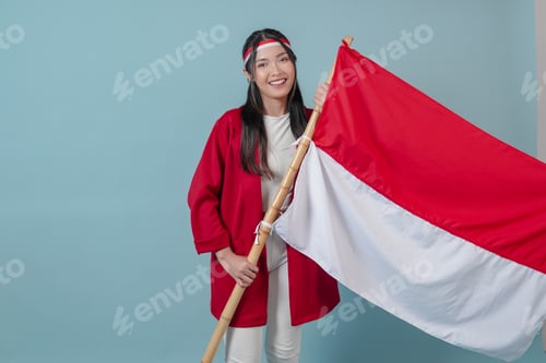 Preview: Smiling Woman Holding Red and White Flag
