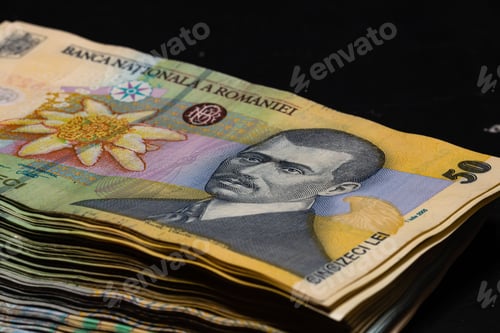 Preview: Closeup of the Romanian LEI bill pile on a black background
