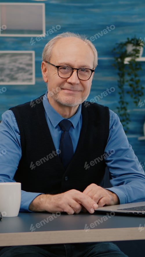 Preview: Senior man looking at camera smiling sitting in workplace at desk