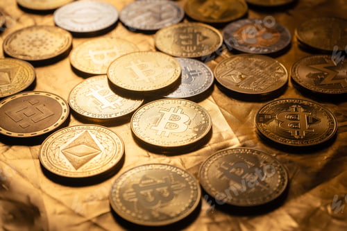 Preview: Cryptocurrency coin and bitcoin on golden background
