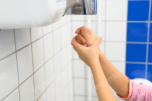 Preview: child hands using air dryer in public toilet or washrooms