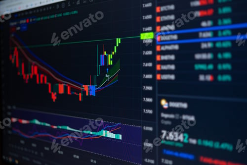 Preview: Digital graph chart diagrams of cryptocurrency, stock market or forex exchange on computer screen.