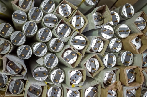 Preview: Fluorescent tube light. Many old spoiled, glass fluorescent lamps in paper packaging for recycling.