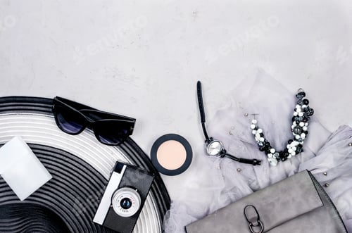 Preview: Monochrome Summer women's background with accessories, hat and camera