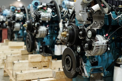 Preview: Row of motors of huge industrial machines with rotating shafts