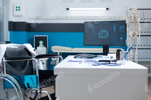 Preview: Empty modern hospital office room equipped with medical professional equipment