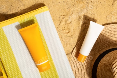 Preview: Orange and white tubes of sunscreen on beach next to straw hat and mat. Sun protection on vacation.