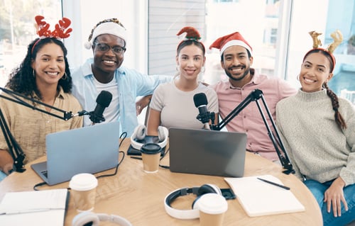 Preview: Christmas, podcast team and portrait of people in office for holiday, festive event or celebration.