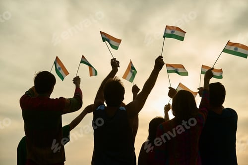 Preview: Indian patriots with flags outdoor.