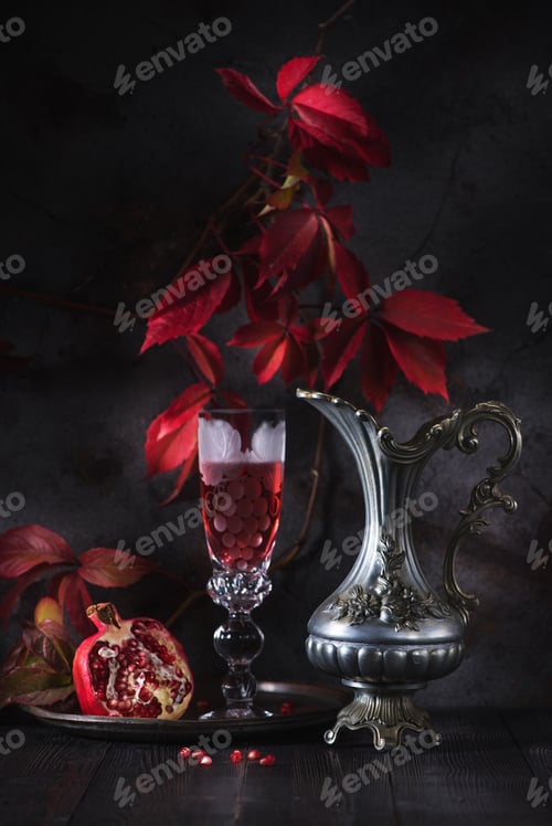 Preview: Still life with red wine and pomegranate