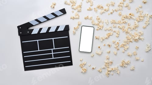 Preview: Movie clapboard and popcorn with empty screen of smartphone on white background.