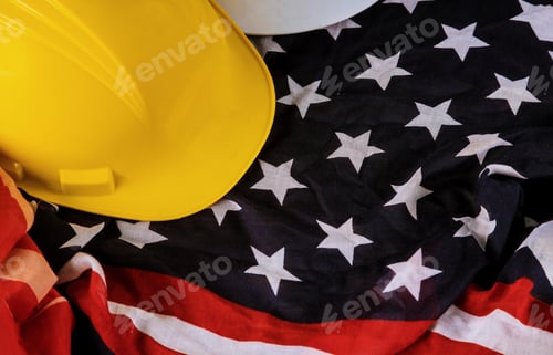 Preview: USA flag and yellow helmet Happy Labor day american patriotic