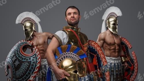 Preview: Greek warlord with two comrades against grey background