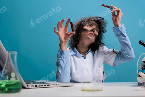 Preview: Portrait of foolish wild looking crazy chemist analyzing glass test tubes filled with blood sample