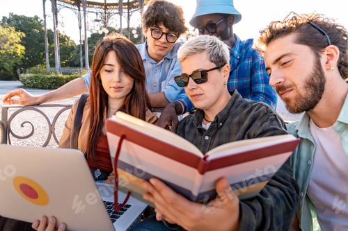 Preview: Diverse group of students studying together outdoors with a laptop.