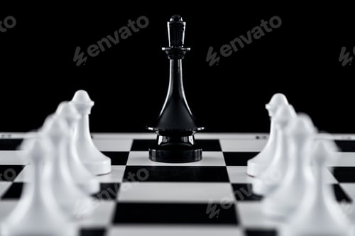 Preview: selective focus of chessboard with black queen figure among white pawns isolated on black