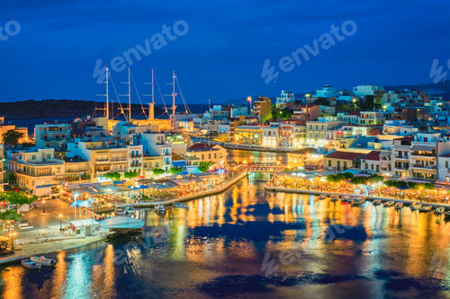 Preview: Beautiful Agios Nikolaos town at night. Lasithi region of Crete island, Greece