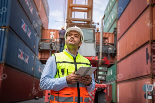 Preview: Male Container yard worker control and checking container.