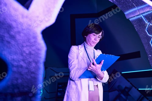 Preview: futuristic exploration, woman scientist writing in clipboard near experimental equipment