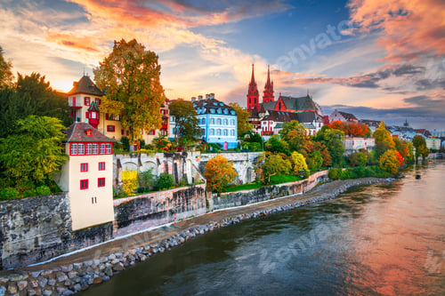 Preview: Basel, Switzerland on the Rhine River at Dusk in Autumn
