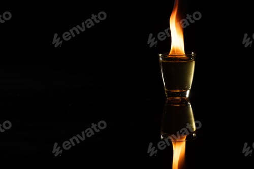 Preview: Lit candle in glass container with copy space on black background