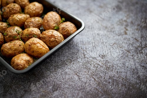 Preview: Homemade roasted whole potatoes in jackets. With butter, rosemary and thyme. Served in metallic dish