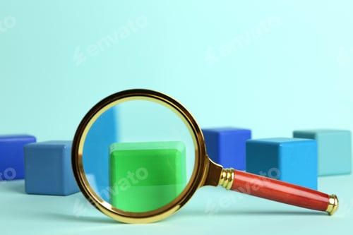 Preview: Magnifying glass and colorful cubes on light blue background. Search concept