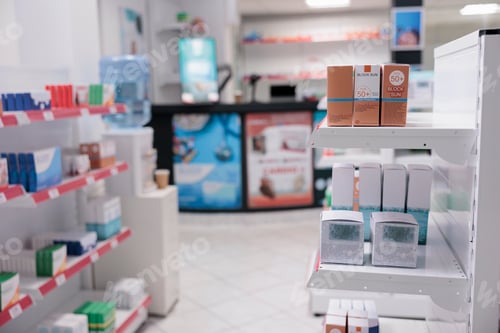 Preview: Empty drugstore with nobody in it equipped with shelves full of pills packages and pharmaceutical