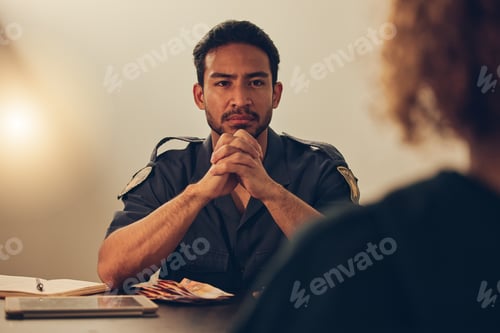 Preview: Police, investigation and man listening to woman for crime report, interrogation or criminal arrest