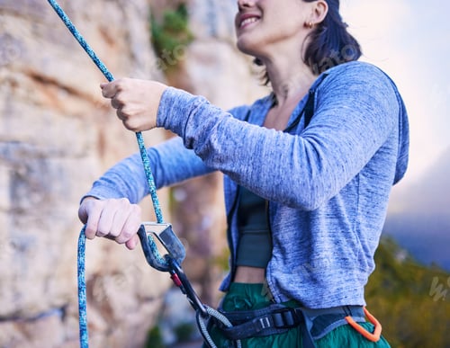 Preview: Mountain, happy and woman with rope for rock climbing adventure, freedom and extreme sports in natu