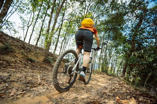 Preview: Woman riding bike on mountain top forest trail