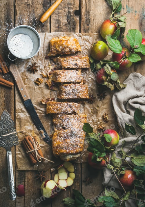 Preview: Apple strudel cake with cinnamon, nuts and sugar powder