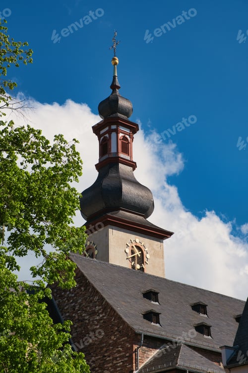 Preview: View of a beautiful church from below on a sunny day, Rudesheim, Germany