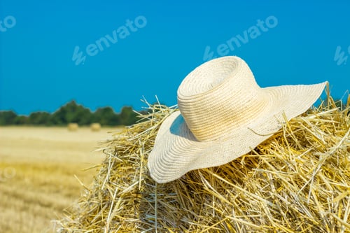 Preview: A lonely farmer's hat on a haystack in the field after a hard work