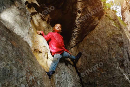 Vorschau: Kleiner Junge klettert auf den Felsen im Wald. Kind hat Spaß und Abenteuer im Freien. Gefährlicher Wechselstrom