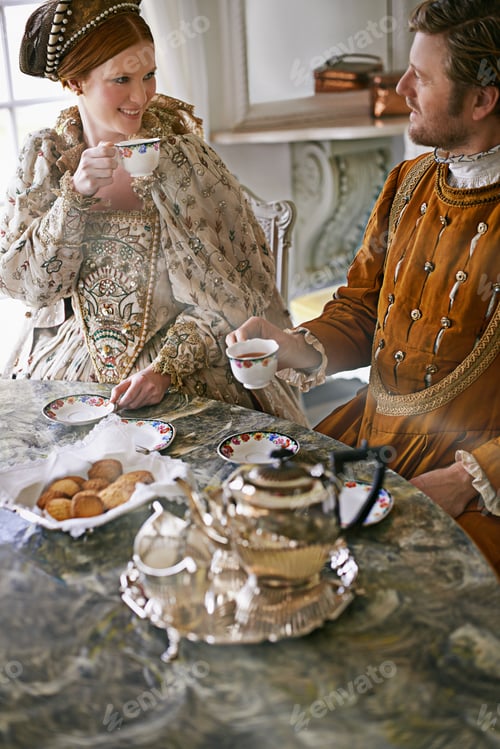 Preview: Tea and crumpets. A king and queen taking tea together at home.
