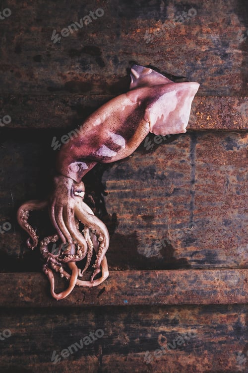 Preview: Raw Squid Calamary on White Plate with Ingredients For Cooking Korean BBQ Squid. Top View.